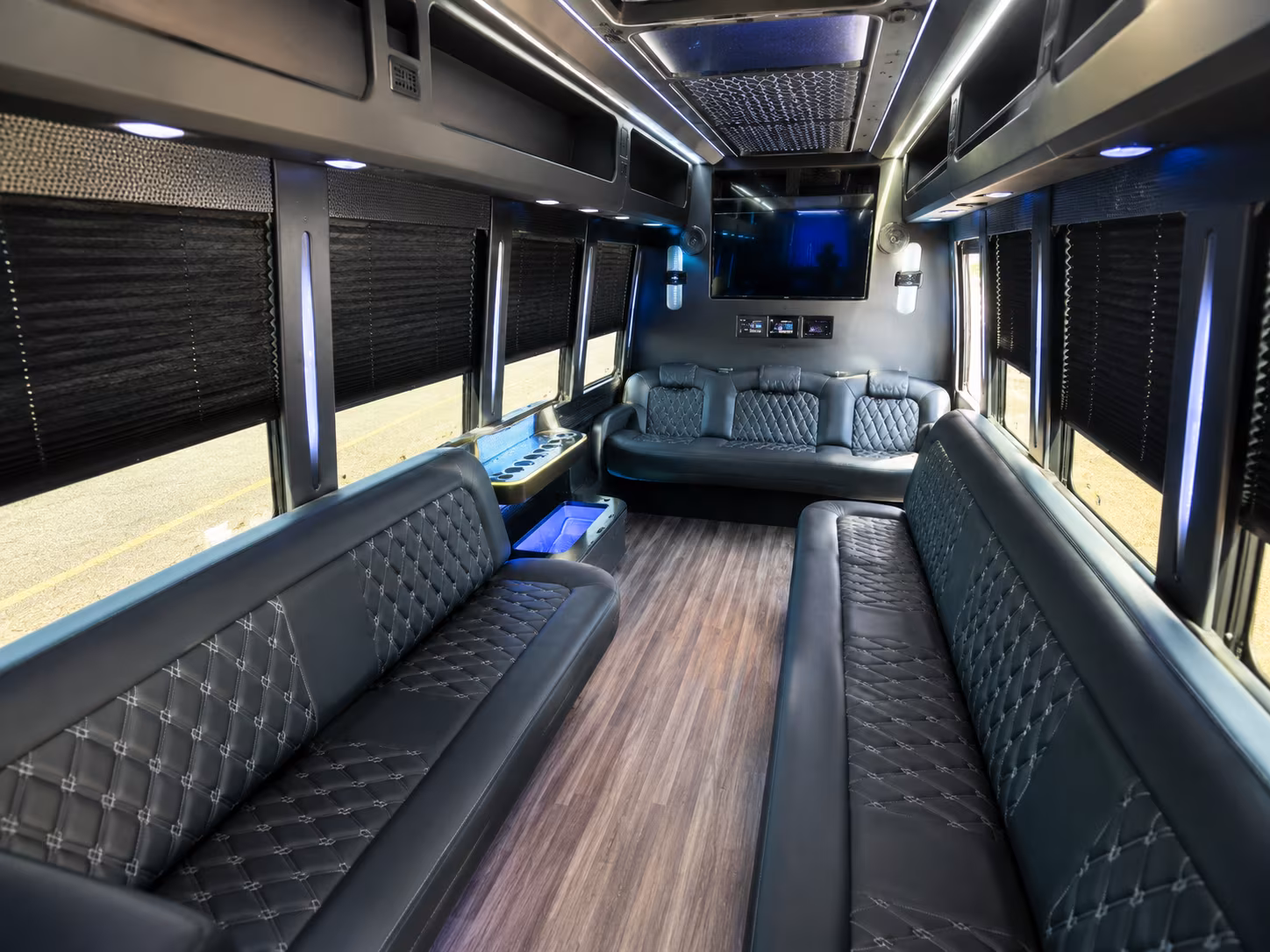 Passenger seating aboard a party bus rental serving Huntsville
